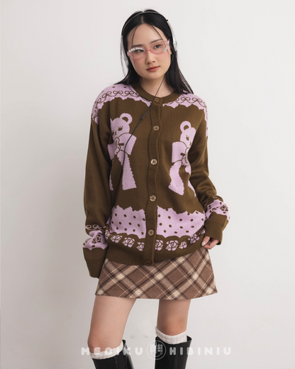 Berry Chocolat Round Neck Knit Cardigan Sweater