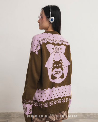 Berry Chocolat Round Neck Knit Cardigan Sweater