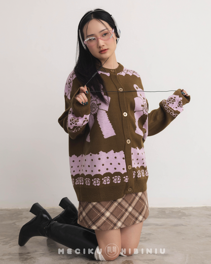 Berry Chocolat Round Neck Knit Cardigan Sweater